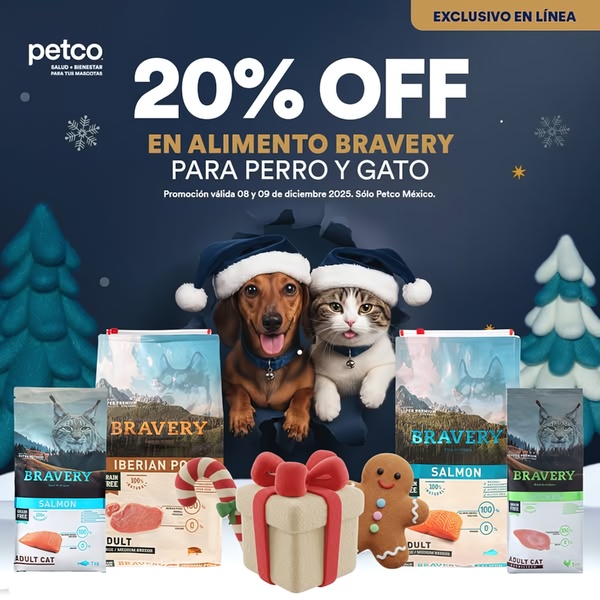 A festive seasonal ad featuring dogs and cats in Santa hats, promoting a 20% discount on Bravery brand pet food.