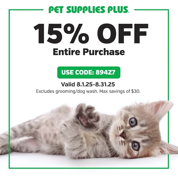A clean, high-contrast promotional creative featuring a discount offer for a pet supplies retailer with a clear call-to-action.