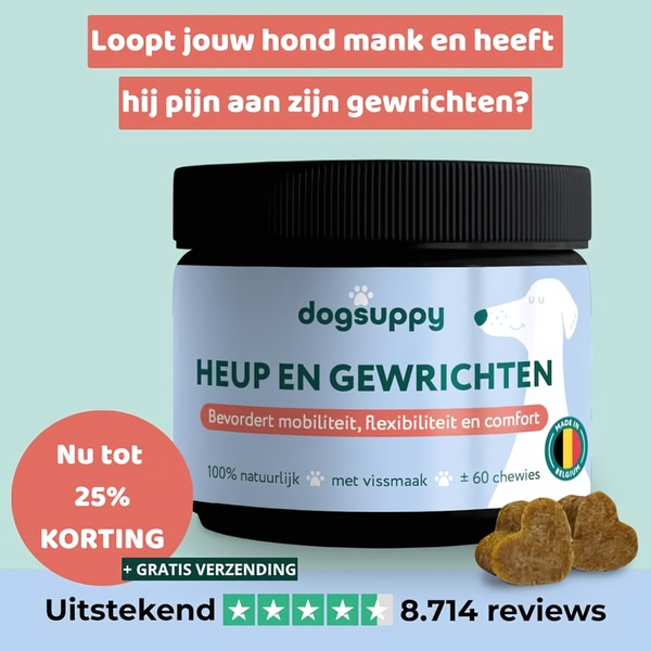 A square ad creative featuring a product tub of dog joint supplements, highlighting pet mobility benefits and using a clear star-rating review callout.