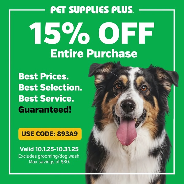 A square-format promotional graphic for pet supplies that uses a strong discount hook, clear code, and an emotional animal image to drive clicks.
