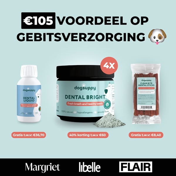 A clean, high-contrast ad featuring a Dental Liquid and supplement bundle with clear pricing discounts and social proof branding.