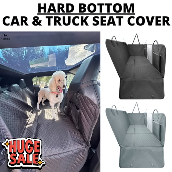 A square-ratio ad featuring a pet seat cover in a vehicle with two color options, highlighting a sale promotion.