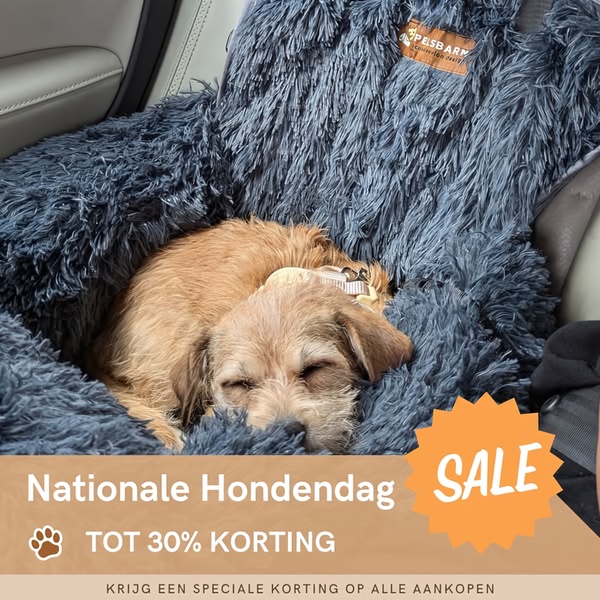 A high-quality image of a puppy sleeping soundly in a plush dark gray bed inside a car, featuring a prominent sale overlay for a holiday promotion.