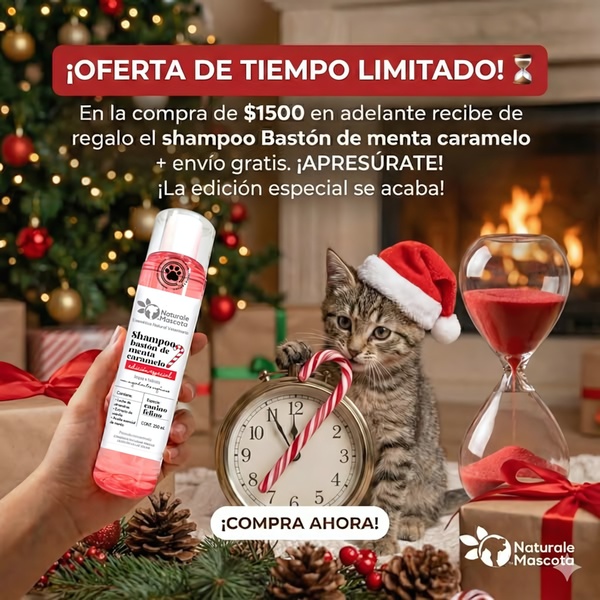 A festive 1:1 image featuring a pet shampoo bottle, a cat in a Santa hat, and an hourglass to signal limited-time holiday urgency.