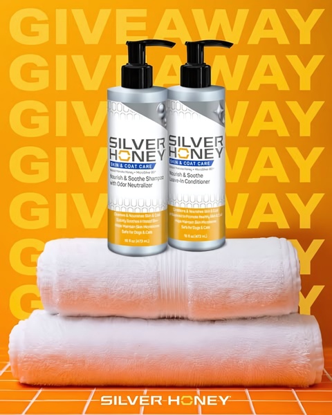 This ad creative utilizes a striking yellow background with text overlay and a centered product stack of pet shampoo and conditioner to announce a giveaway.