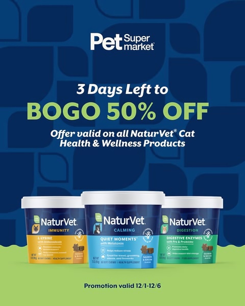 A clean, color-blocked promotional ad for pet health supplements highlighting a limited-time BOGO 50% discount.