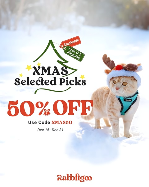 A festive advertisement featuring a cat wearing a reindeer hat and a harness in a snowy setting to promote a holiday discount code.