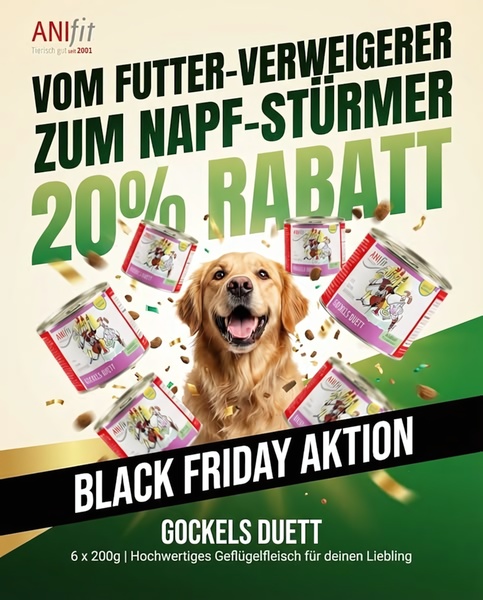 A high-contrast promotional graphic featuring a happy golden retriever surrounded by product cans and a clear 20% discount offer.