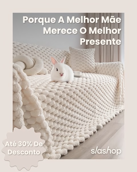 A 4:5 vertical ad creative featuring a soft-texture sofa cover with a white rabbit as a visual focus to imply comfort, using a Mother's Day gift-giving emotional hook.