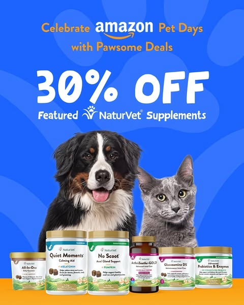 This ad creative uses a bright, high-contrast seasonal offer to promote various pet supplement products featuring a dog and cat as focal points.