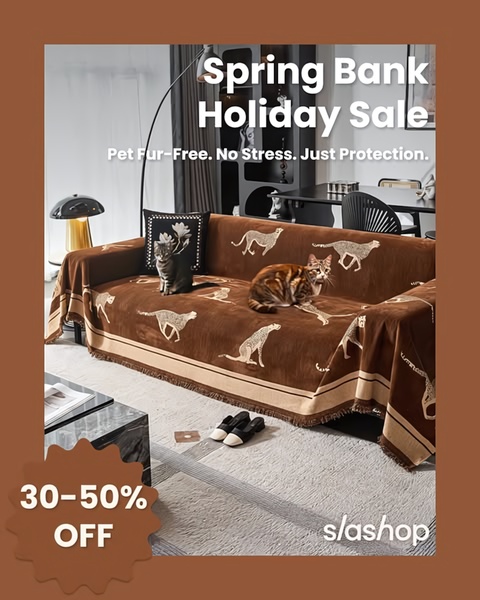 A 4:5 vertical ad for a sofa cover featuring a holiday discount offer, showing the product in a home setting with cats, emphasizing pet-friendly benefits.
