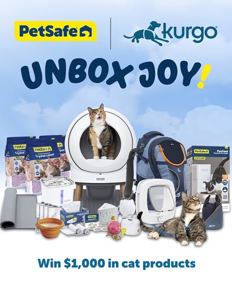 A clean, bright promotional creative showcasing a curated selection of cat products with a high-value giveaway incentive.