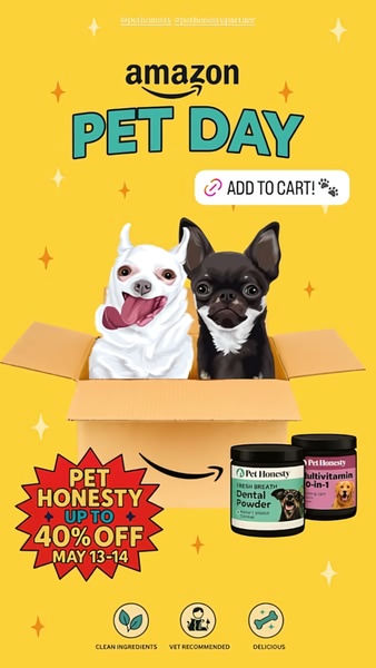 A vertical-format ad creative featuring a brand-led seasonal promotion with illustrated pets and clear product imagery.