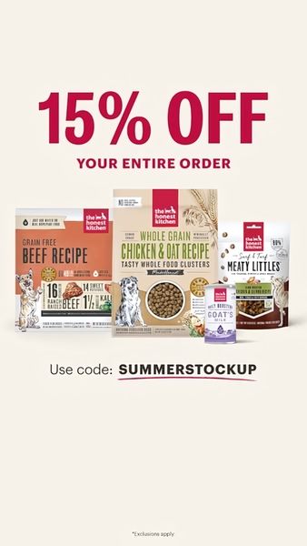 A high-conversion 9:16 vertical ad featuring a 15% discount offer code centered among three distinct dog food product packages.