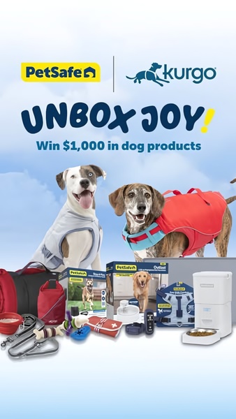 A 9:16 vertical giveaway ad featuring two happy dogs surrounded by an assortment of premium pet accessories and gear.
