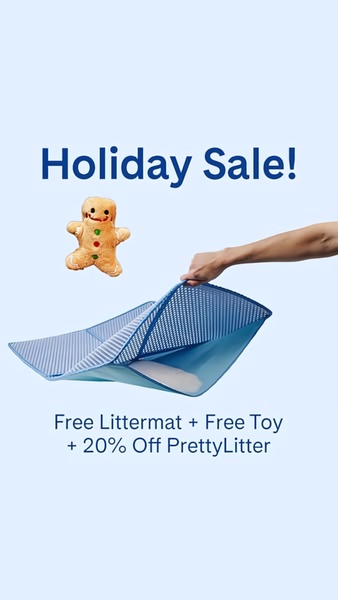 A clean, minimalist 9:16 vertical ad highlighting a holiday sale promotion for a cat litter mat and included toy.