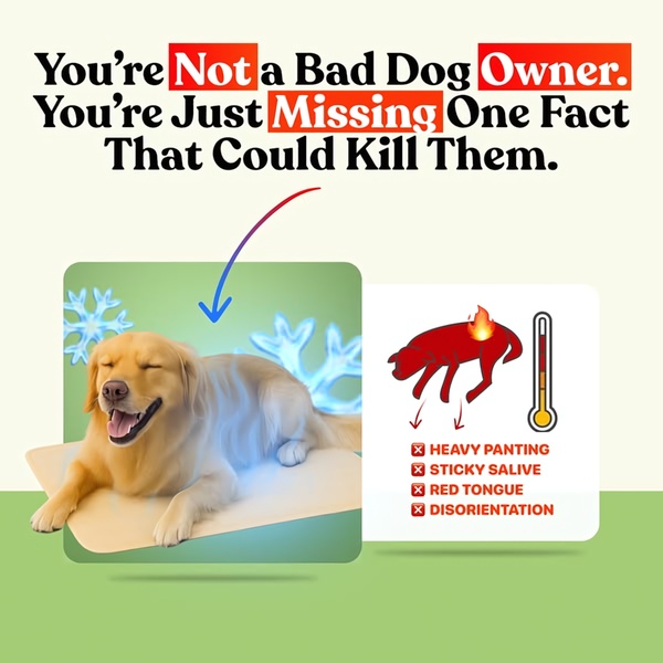 A split-view educational graphic comparing a comfortable pet on a cooling mat to a dog suffering from heat exhaustion symptoms.