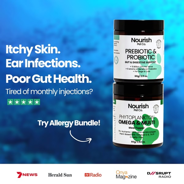A high-converting 1:1 image ad for pet probiotic and omega supplements that uses a strong pain-point hook and media-logo social proof to build trust.