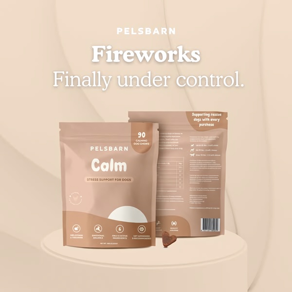 This static square creative uses a clean, minimalist design and a problem-solution hook to promote calming treats for dogs during stressful events like fireworks.