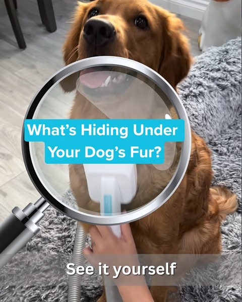 A close-up shot uses a virtual magnifying glass to reveal hidden fur under a dog's coat, effectively visualizing the utility of a grooming vacuum.