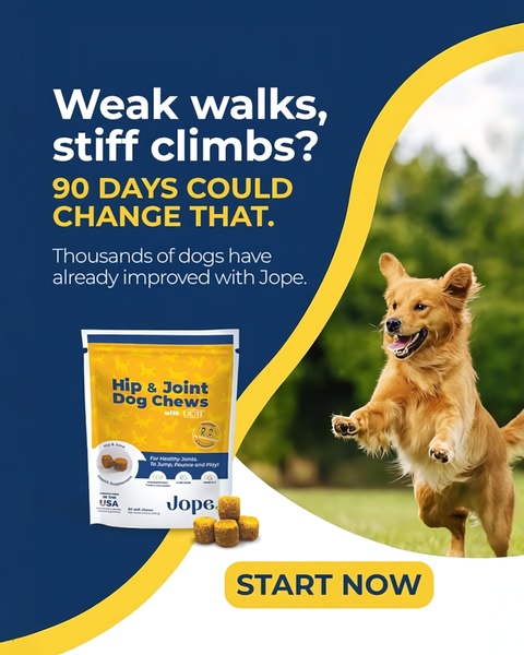 This ad features a clear problem-statement headline paired with a high-energy image of a happy dog to demonstrate the benefit of the product.