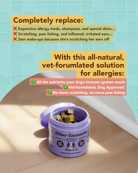 A 4:5 vertical ad for dog allergy supplements that uses a contrast-heavy list format to highlight the transition from pain points to product-led relief.