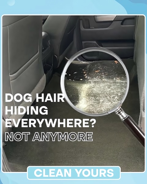 A split-screen style creative that uses a magnifying glass to contrast messy, hair-covered car upholstery with a clean, hair-free surface.