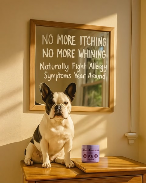 A high-contrast 4:5 image featuring a French Bulldog beside a supplement container, using a mirror with text to highlight the pain points and benefits of the product.