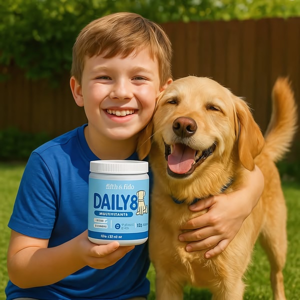 A young boy smiling and hugging his golden retriever while holding a jar of Daily8 dog multivitamin supplements in an outdoor setting.