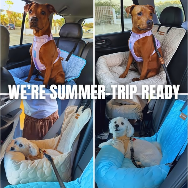 This ad creative utilizes a 2x2 grid layout to demonstrate the practical comfort and safety of a dog car seat during summer travel.