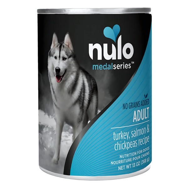 A square ad creative featuring a portrait of a Husky alongside a Nulo Medal Series turkey, salmon, and chickpeas dog food can with a clean color-blocked background.