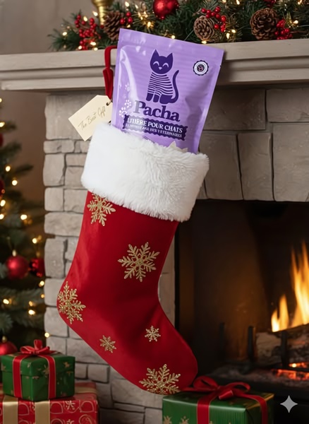 A festive, high-contrast product hero shot featuring a purple cat litter bag tucked inside a red and white holiday stocking hanging by a fireplace.