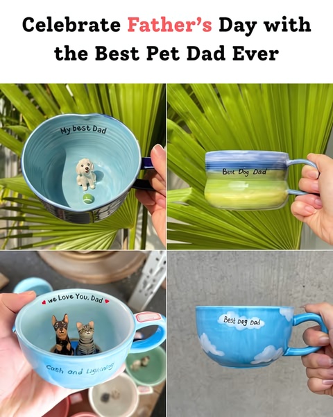 A 4:5 social ad featuring a grid collage of custom-designed ceramic mugs with 3D pet figures inside, focusing on personalized gift appeal for pet owners.