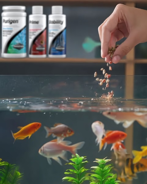 A close-up shot showing fish being fed while Aquarium Water Treatment bottles are visible in the background, signaling a healthy aquarium ecosystem.
