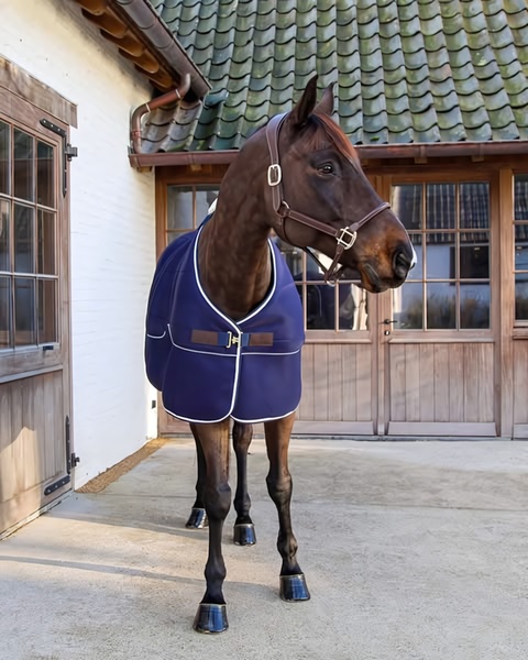 A high-quality, professional studio-style photograph of a horse wearing a navy blue blanket, emphasizing product fit and fabric quality.