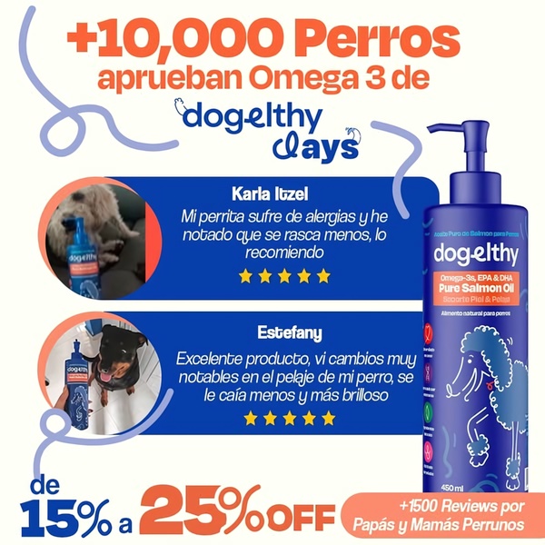 A square ad creative utilizing customer reviews and dog photos to establish trust and drive awareness for salmon oil supplements.