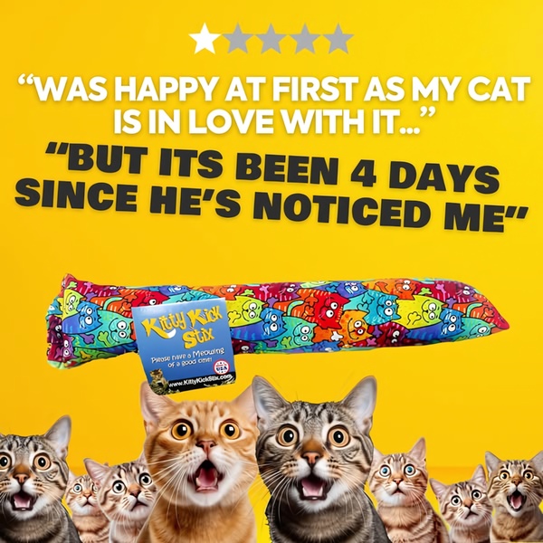 This creative uses a mock one-star review to grab attention, framing the product as so effective that it creates a funny but unintended consequence for the pet owner.