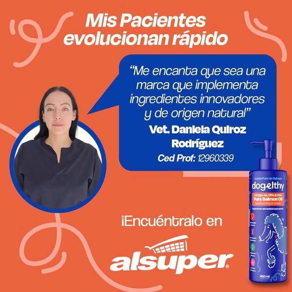 This 1:1 square ad features a professional veterinarian endorsing a salmon oil supplement to establish immediate brand credibility.