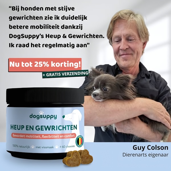 A square ad creative featuring a veterinarian endorsing a joint supplement for dogs, highlighting product benefits and a clear discount offer.