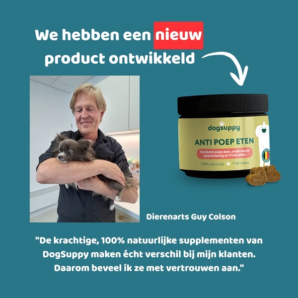 A square-format static ad featuring a veterinarian endorsing a dog supplement product, emphasizing a new product launch and professional credibility.
