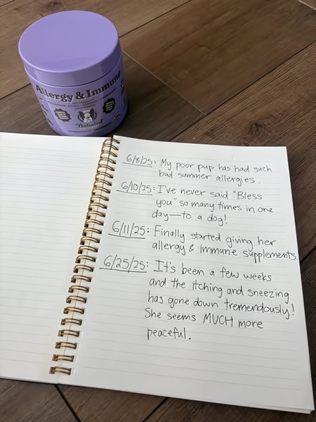 This ad creative features a handwritten testimonial log next to a container of dog allergy and immune supplements, highlighting the product's effectiveness over time.