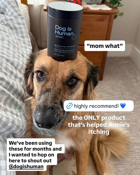 This ad uses an authentic, casual, user-generated photo to showcase the dog multivitamin product, building social proof through a relatable customer testimonial.
