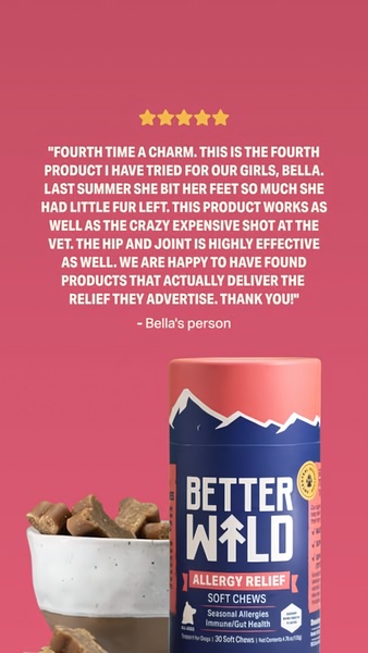 A high-conversion testimonial creative for dog soft chews using a five-star review highlight, clear product placement, and warm color branding.