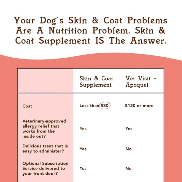A square ad creative featuring a direct cost and benefit comparison table between a skin and coat supplement and a professional veterinary visit.