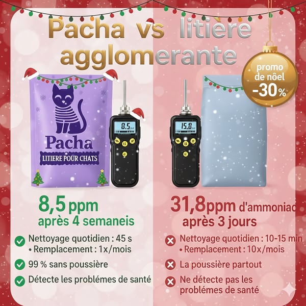 A comparative side-by-side analysis of a cat litter product against a generic competitor, highlighting health and maintenance metrics.