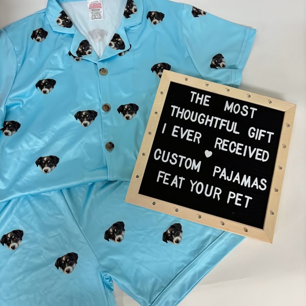 pajamas, sleepwear, custom clothing, personalized pajamas, pet face pajamas, loungewear, custom sleepwear, product launch, social proof, flat lay, playful, warm, blue, neutral