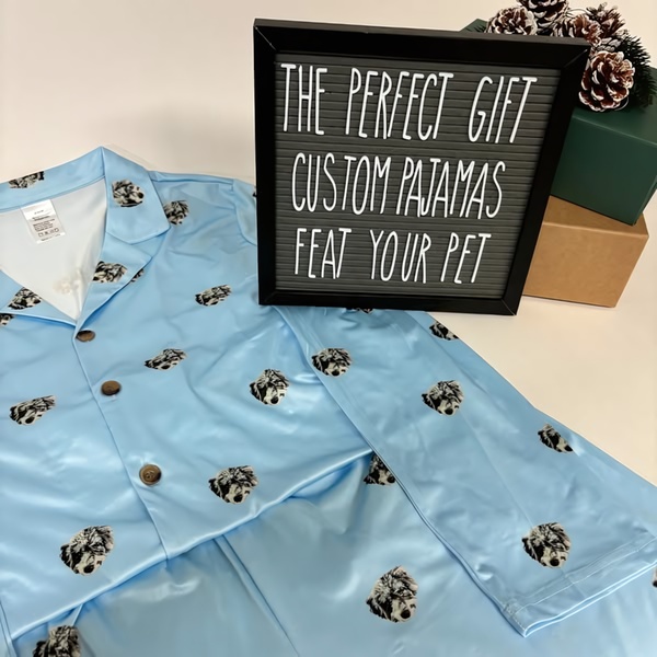 pajamas, sleepwear, custom clothing, personalized apparel, loungewear, pet print pajamas, photo pajamas, product launch, flat lay, playful, blue, neutral