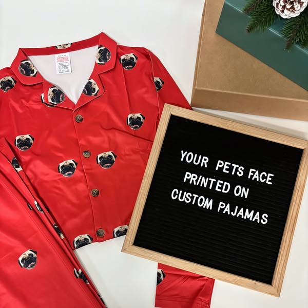 pajamas, sleepwear, custom clothing, personalized pajamas, loungewear, nightwear, pjs, product launch, flat lay, playful, red, christmas