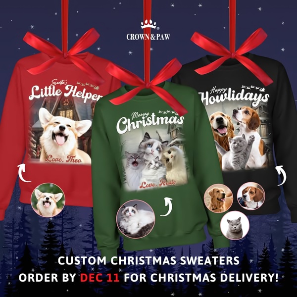 A festive 1:1 image featuring multiple custom Christmas sweaters customized with customer pets, including a clear ordering deadline for holiday delivery.