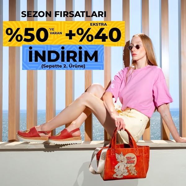 A 1:1 format advertisement featuring a platform sandal and character-branded handbag set against a bright, professional background with bold discount text.